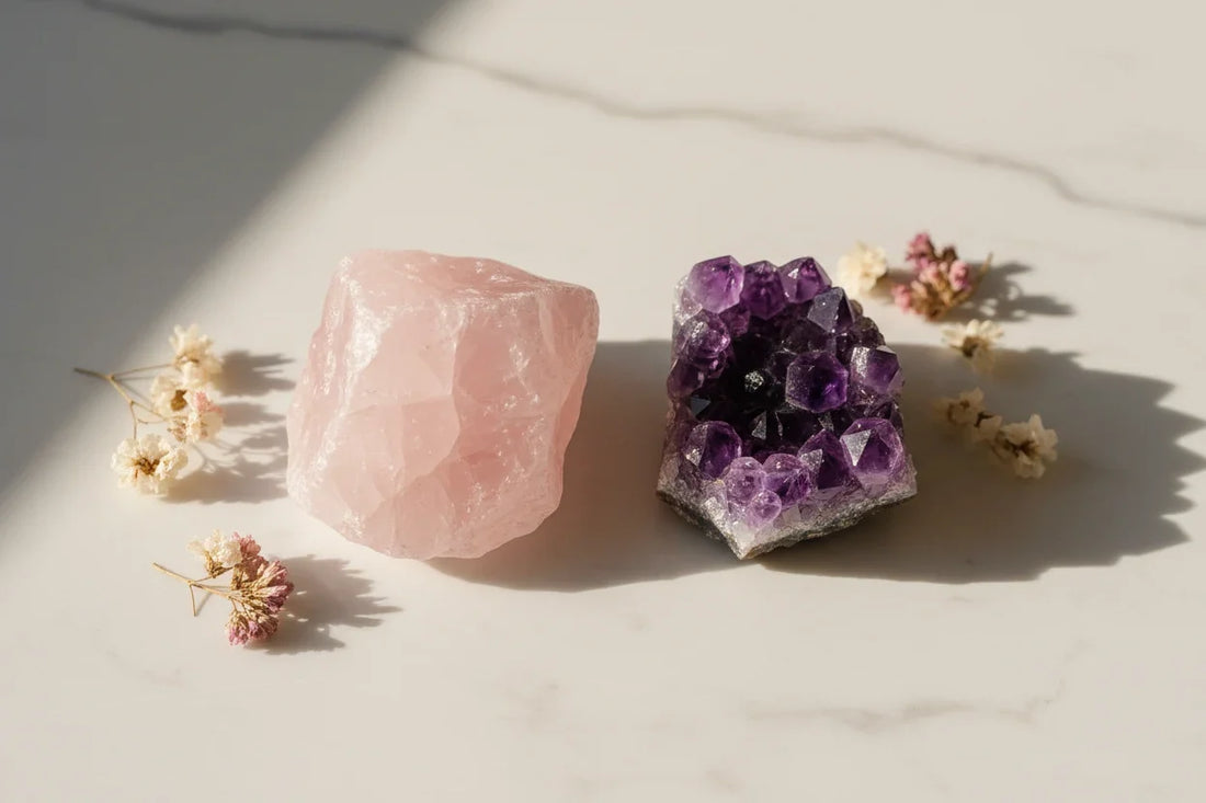 rose quartz and amethyst raw crystals