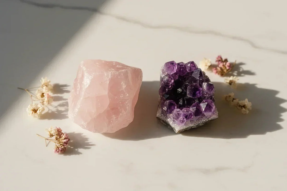 Raw pink rose quartz and a purple amethyst cluster side by side on a sunlit cream surface with dried flowers.