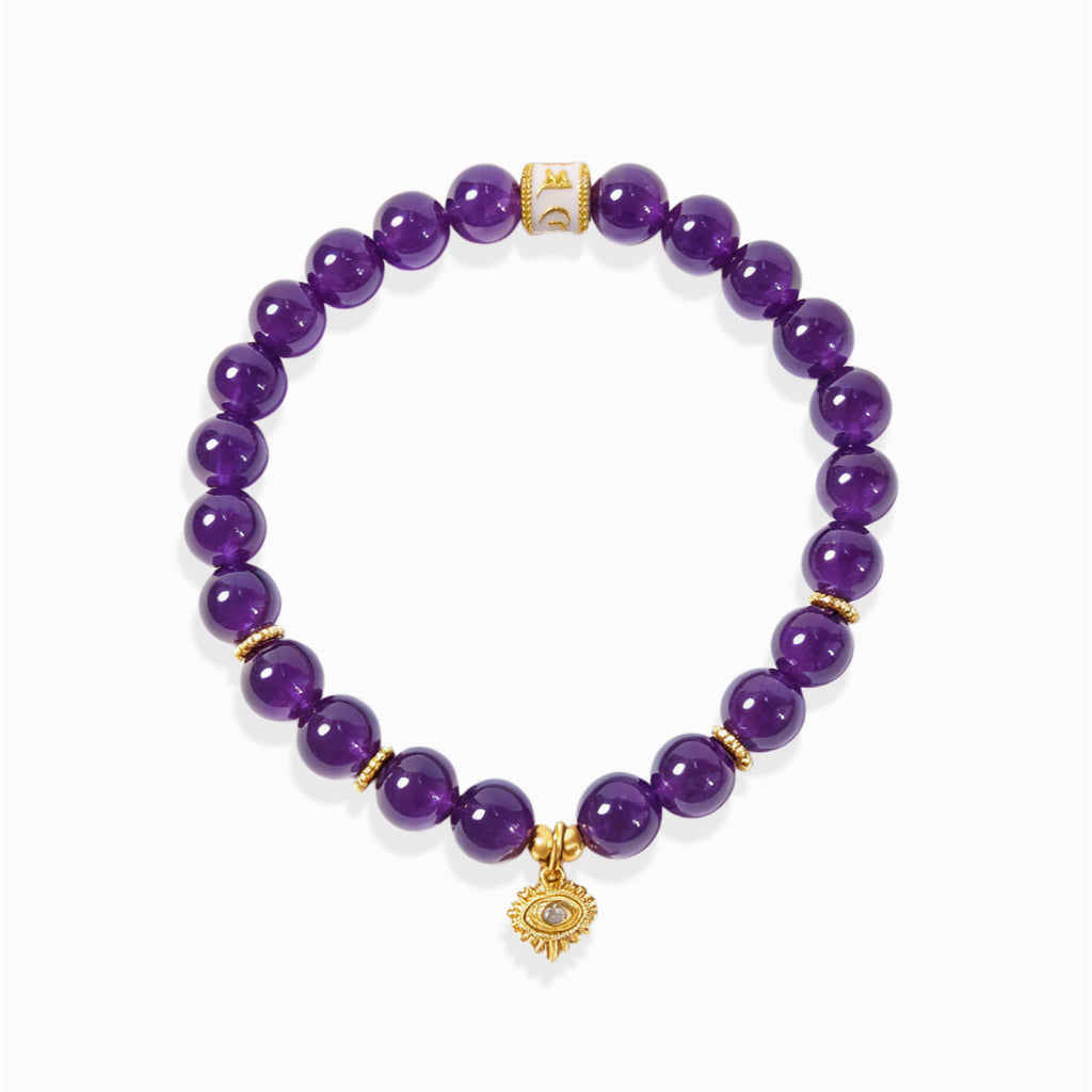 Glossy natural Amethyst Aura Evil Eye Bracelet with gold evil eye protection charm and mantra spacer bead, white background spiritual crystal jewelry for women