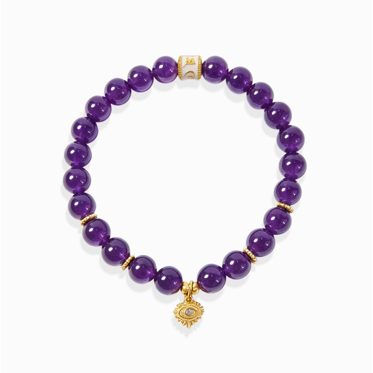 Glossy natural Amethyst Aura Evil Eye Bracelet with gold evil eye protection charm and mantra spacer bead, white background spiritual crystal jewelry for women