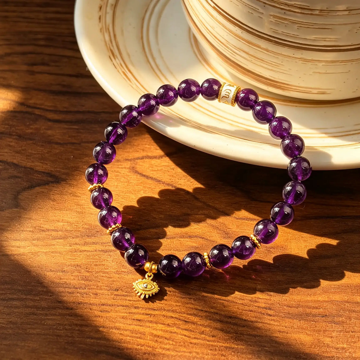 Purple amethyst bead bracelet with a gold-tone evil eye charm beside a ceramic coffee cup.