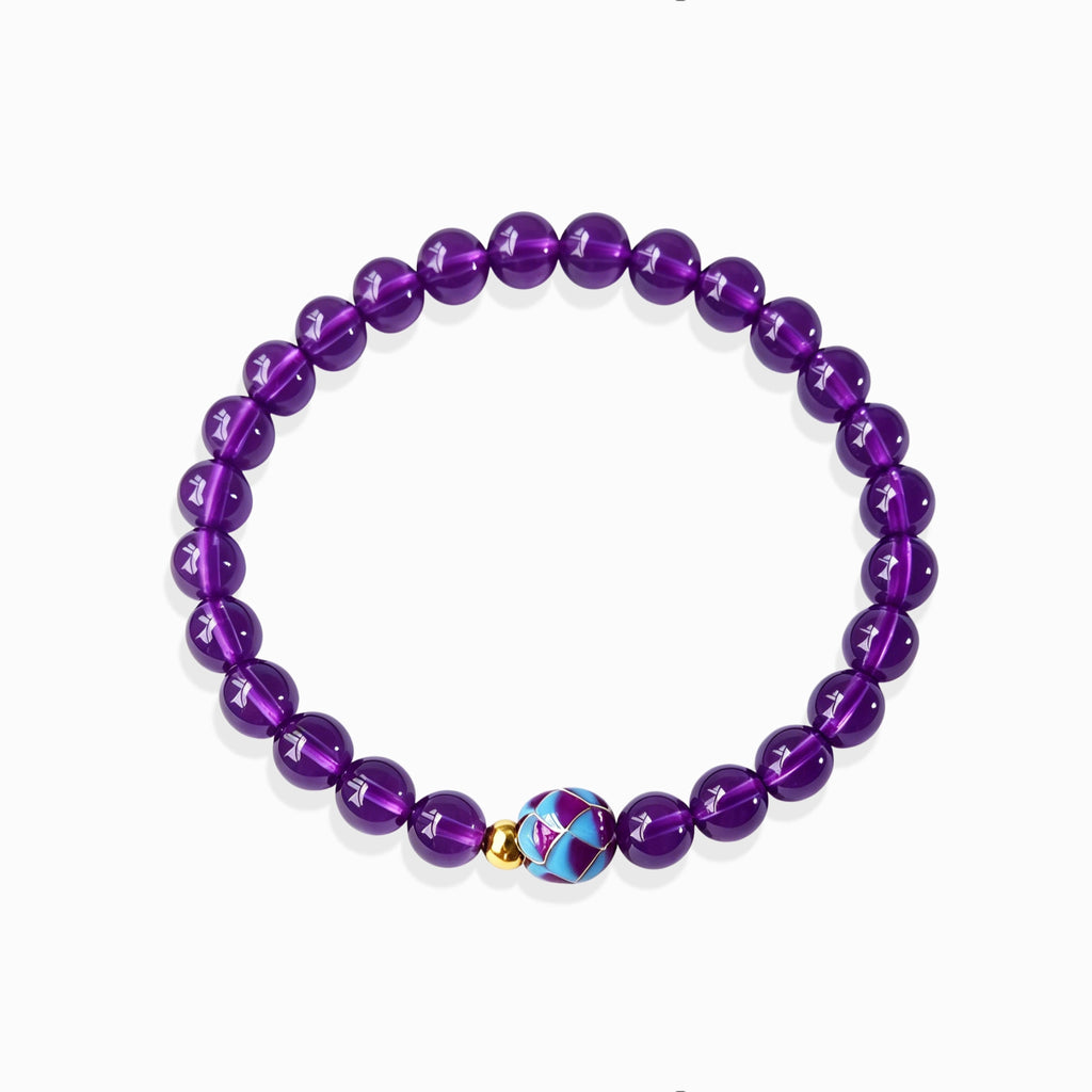 Glossy natural Amethyst Lotus Bloom Bracelet with colorful enamel lotus bloom focal bead, white background spiritual purple crystal jewelry for women