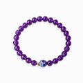 Glossy natural Amethyst Lotus Bloom Bracelet with colorful enamel lotus bloom focal bead, white background spiritual purple crystal jewelry for women