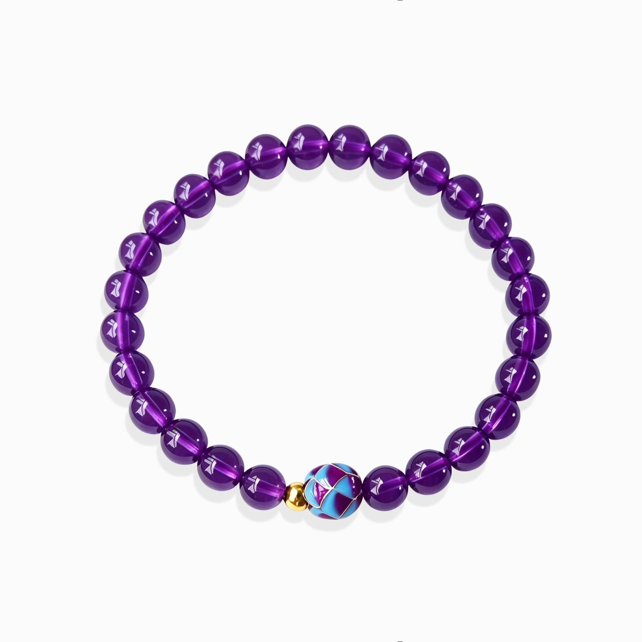 Glossy natural Amethyst Lotus Bloom Bracelet with colorful enamel lotus bloom focal bead, white background spiritual purple crystal jewelry for women