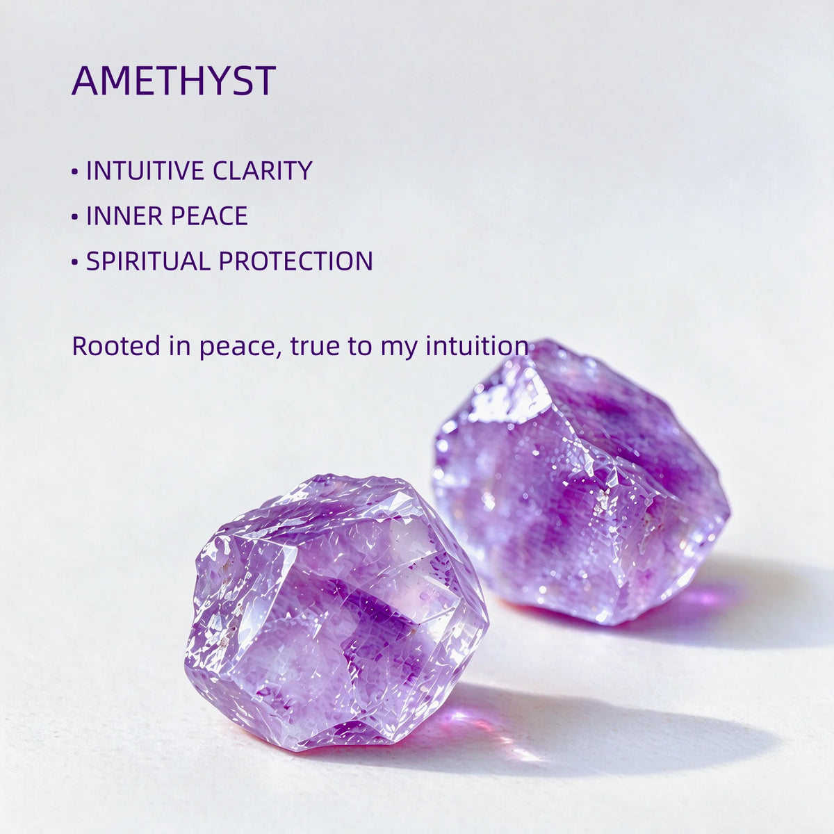 Amethyst raw stone and meaning text.