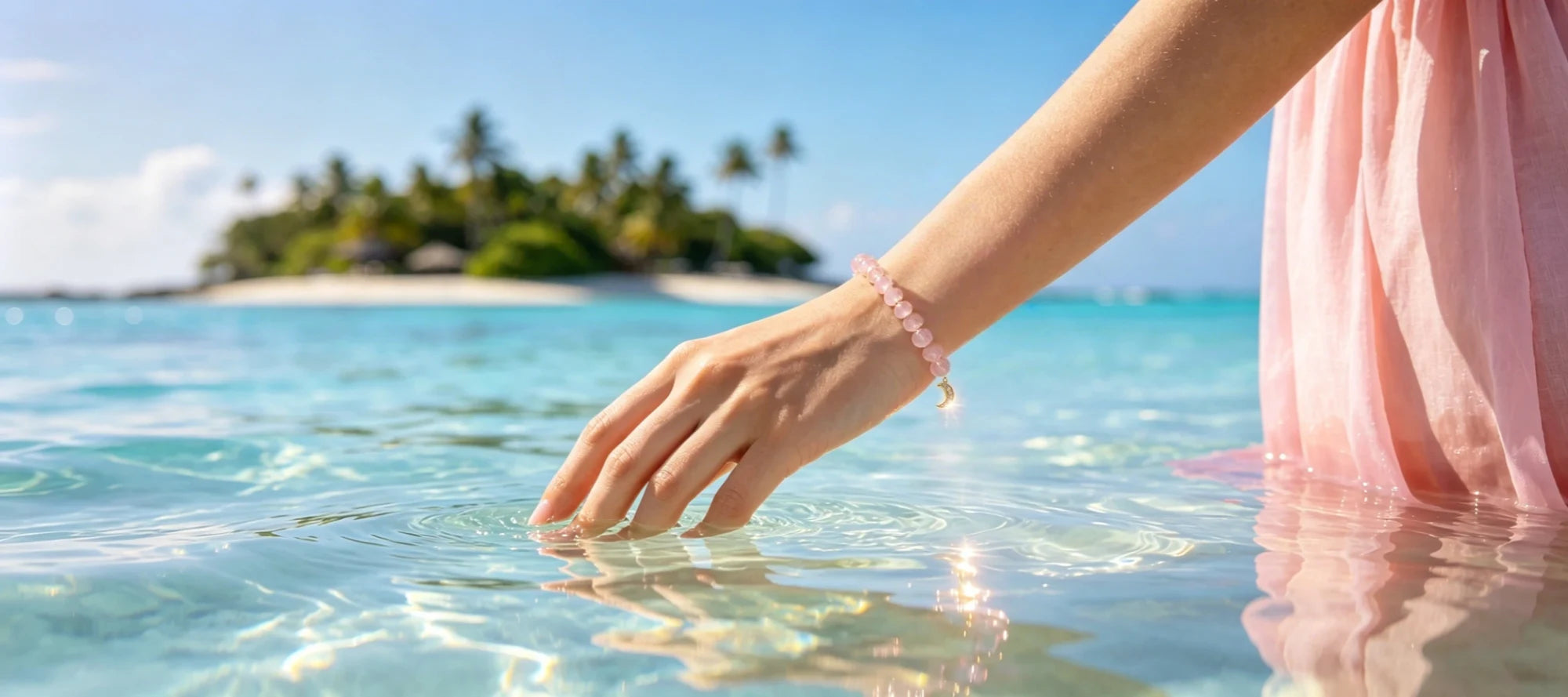 Lavan Aura rose quartz crescent moon bracelet banner, female model wearing crystal jewelry, New Arrival 2026 Healing Crystal Collection