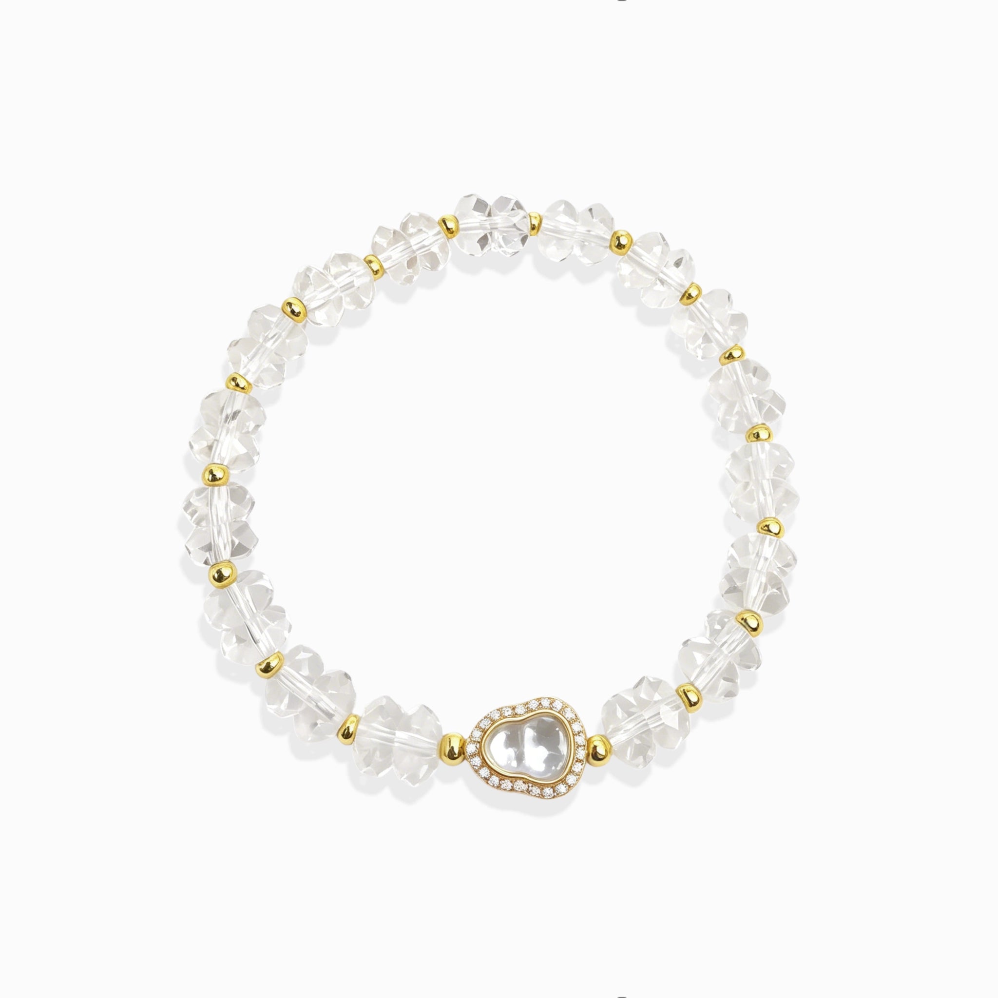 First light clear quartz bracelet white background, healing crystal for spiritual woman.
