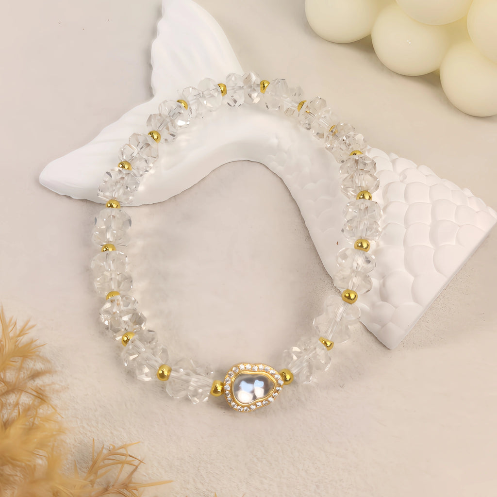 Ins style still life shot of First Light Clear Quartz Bracelet, perfect crystal gift for her 