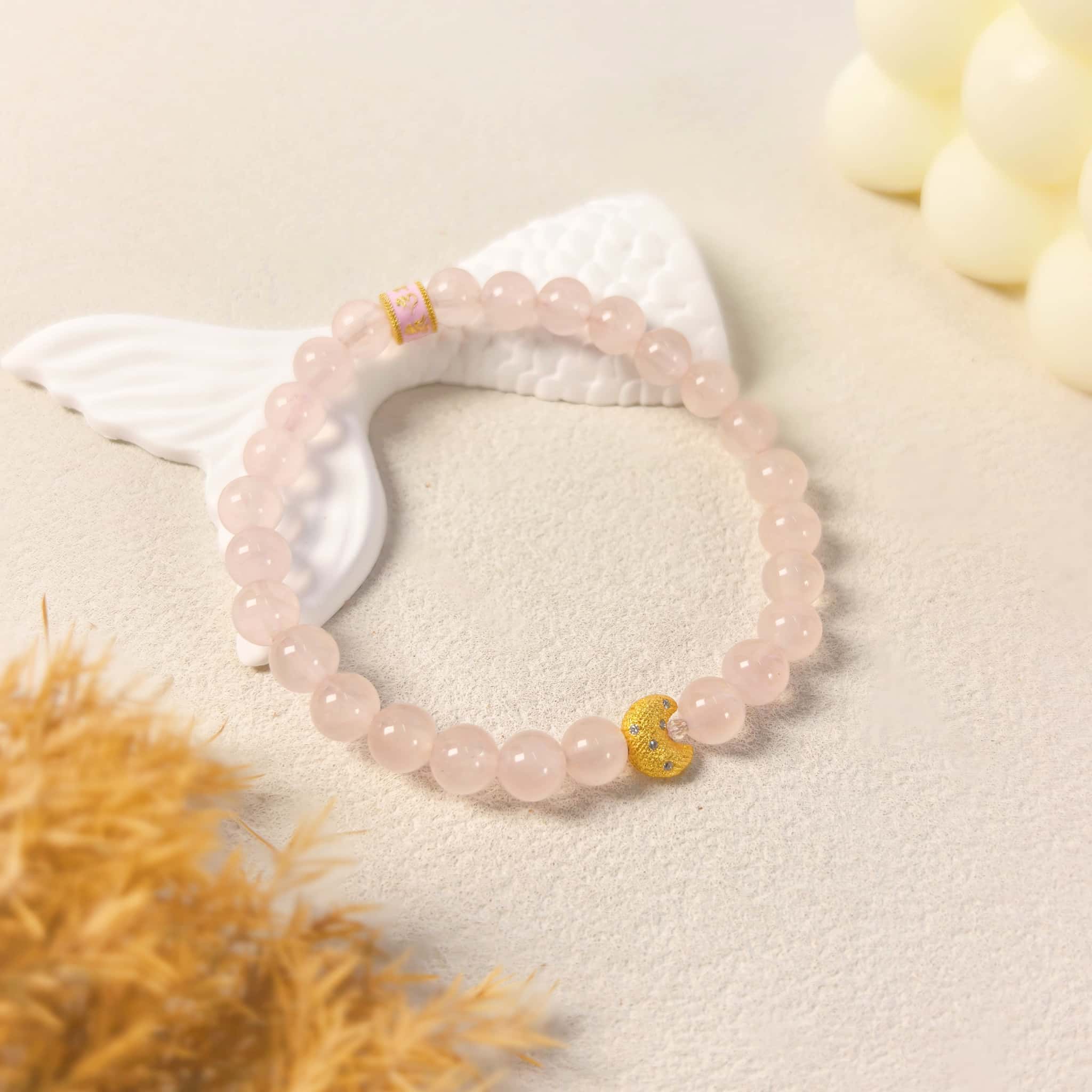 Ins aesthetic still life of Self-Love Lunar Mantra Rose Quartz Bracelet, healing spiritual crystal jewelry for heart chakra