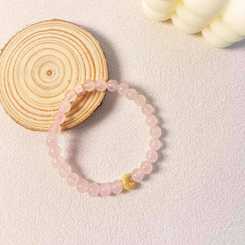 Ins aesthetic still life of Self-Love Lunar Mantra Rose Quartz Bracelet, spiritual protection crystal jewelry for her