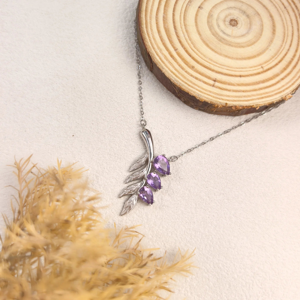 Aesthetic ins still life shot of lavender sprig amethyst silver necklace mystic floral healing crystal gift for her