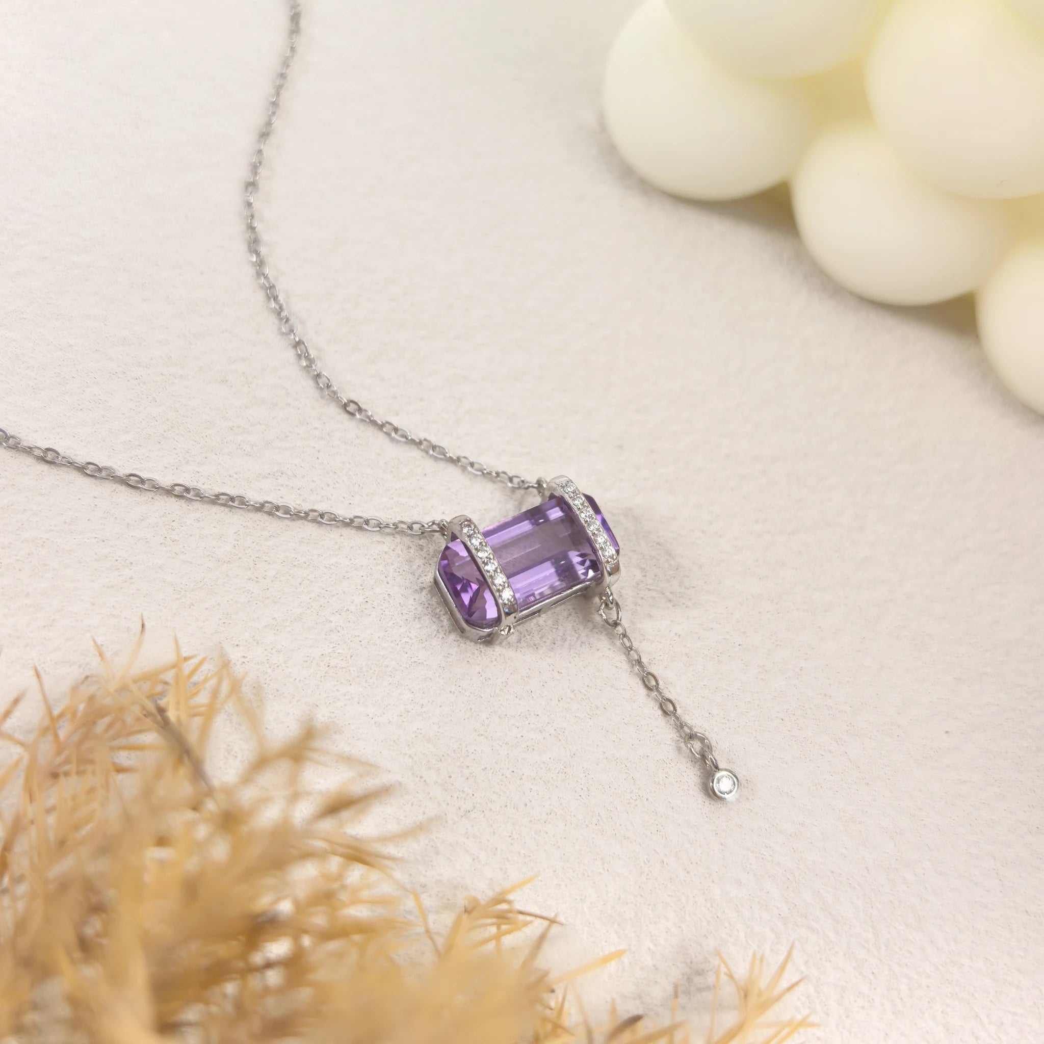 Ins aesthetic flat lay of Violet Reverie Amethyst Necklace, healing chakra crystal jewelry decor