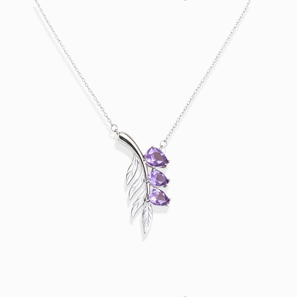 Lavender sprig teardrop amethyst silver branch pendant necklace minimalist floral crystal jewelry