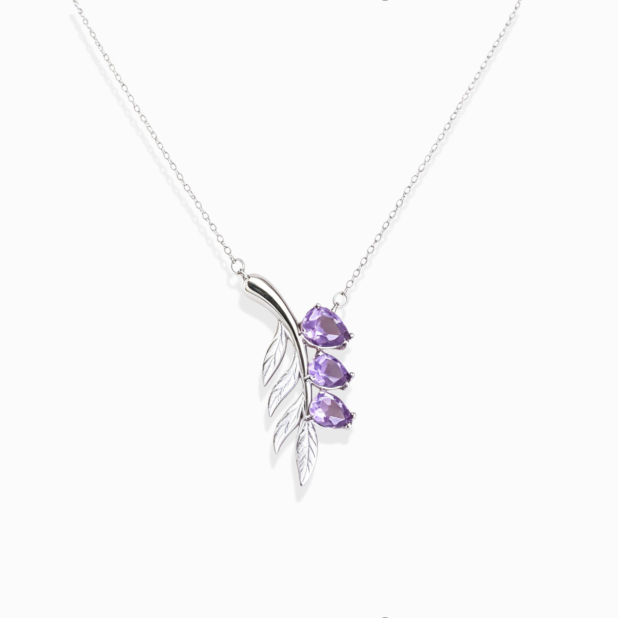 Lavender sprig teardrop amethyst silver branch pendant necklace minimalist floral crystal jewelry