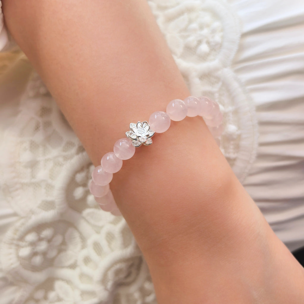  Lotus Emotion Renewal Rose Quartz Bracelet wearing on wrist, healing crystal jewelry