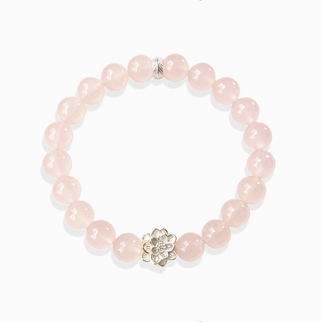 Lotus Emotion Renewal Rose Quartz Bracelet, natural soft pink rose quartz bracelet with sterling silver lotus charm
