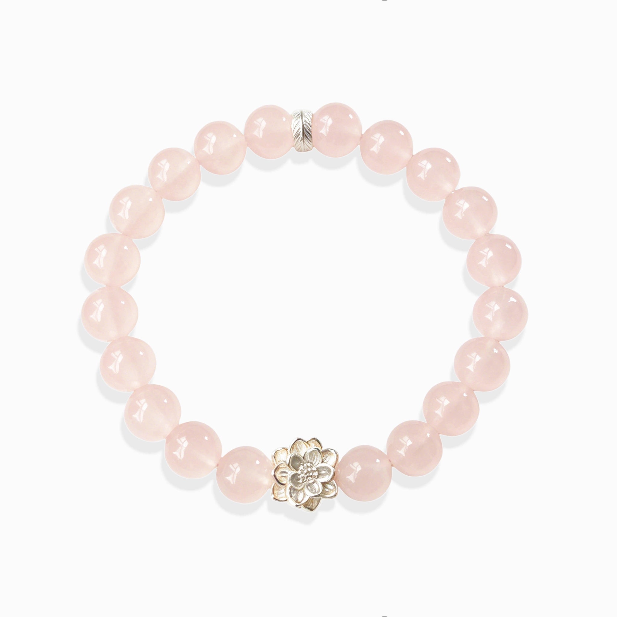 Lotus Emotion Renewal Rose Quartz Bracelet, natural soft pink rose quartz bracelet with sterling silver lotus charm