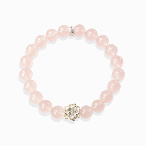 Lotus Emotion Renewal Rose Quartz Bracelet, natural soft pink rose quartz bracelet with sterling silver lotus charm