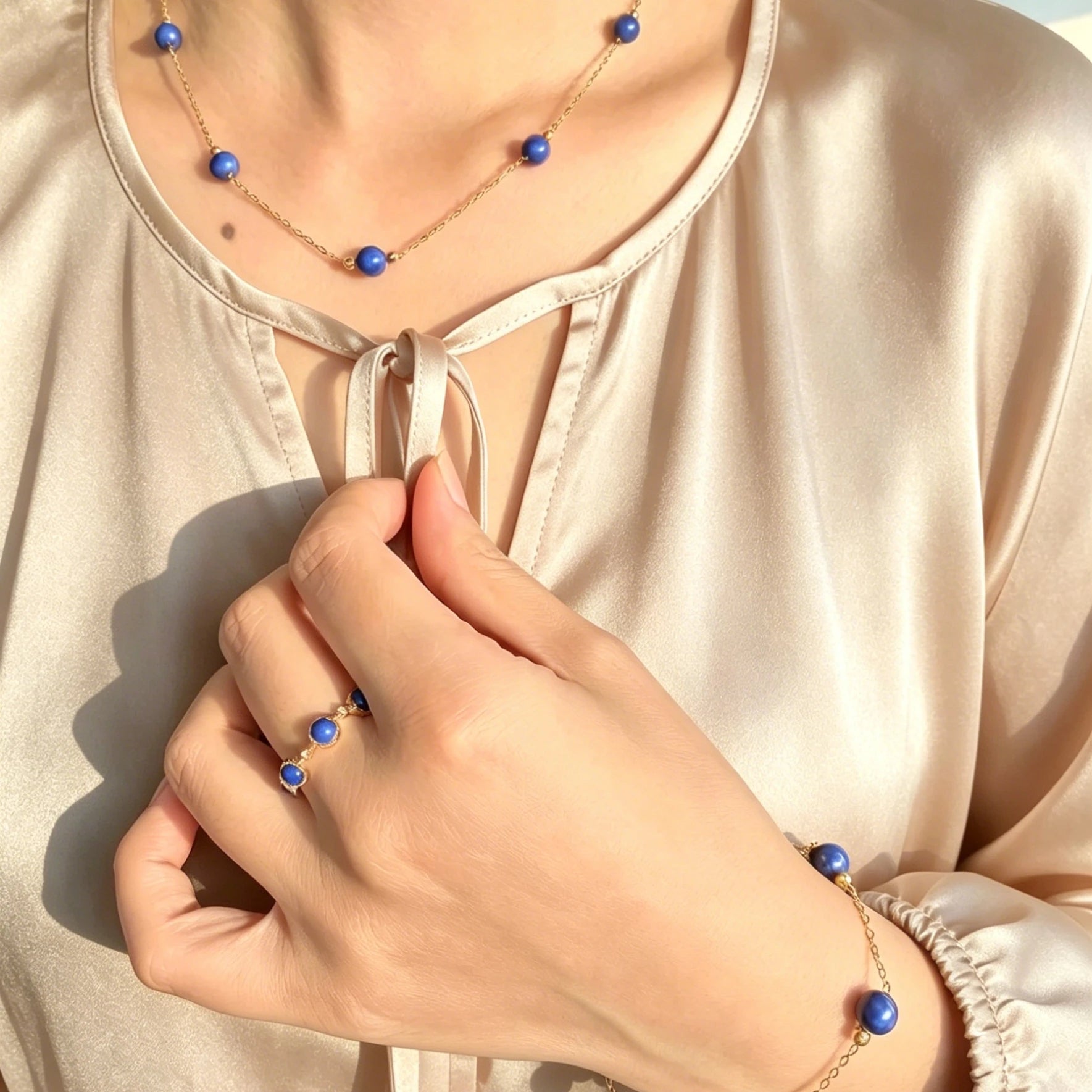 Woman wearing Milky Way Stroll lapis lazuli ring , necklace and bracelet, meaningful gift for mom also perfect gift for her