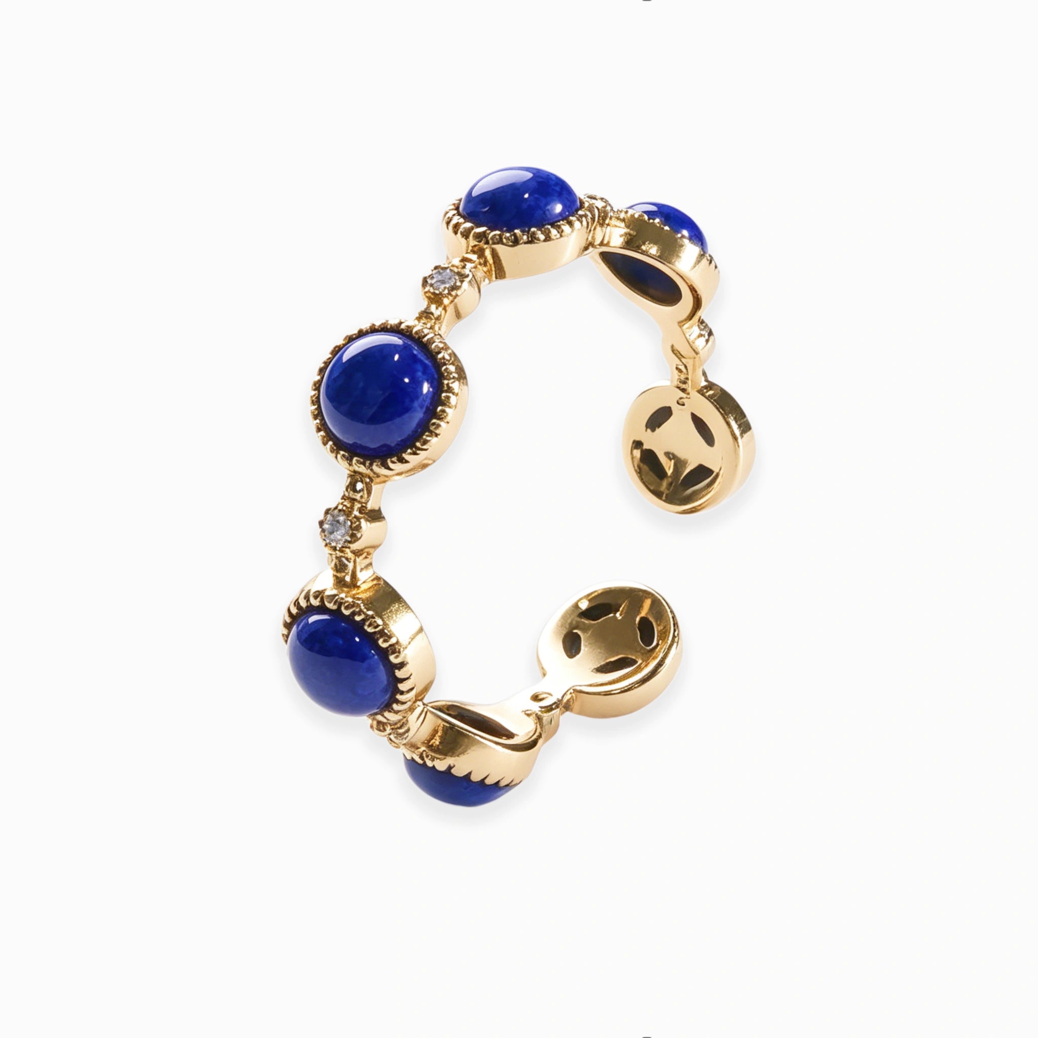 Gold plated adjustable open band Milky Way Stroll lapis lazuli ring, multi blue gem stacking ring isolated white background