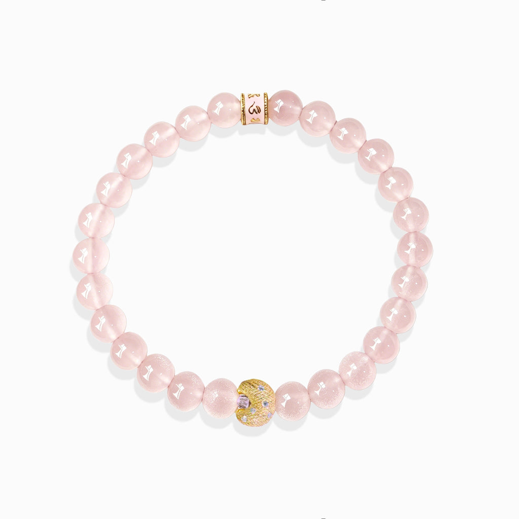 Self-Love Lunar Mantra Rose Quartz Bracelet, natural rose quartz bracelet with crescent moon and mantra bead.