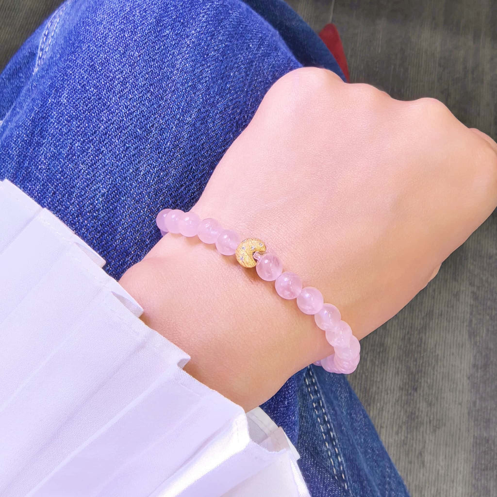 Women wearing Self-Love Lunar Mantra Rose Quartz Bracelet, minimalist witchy spiritual crystal wrist jewelry