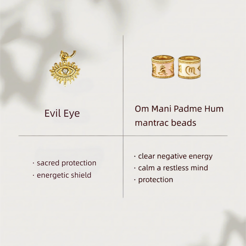 Evil eye and Om Mani Padme Hum mantrac bead and their benefits.