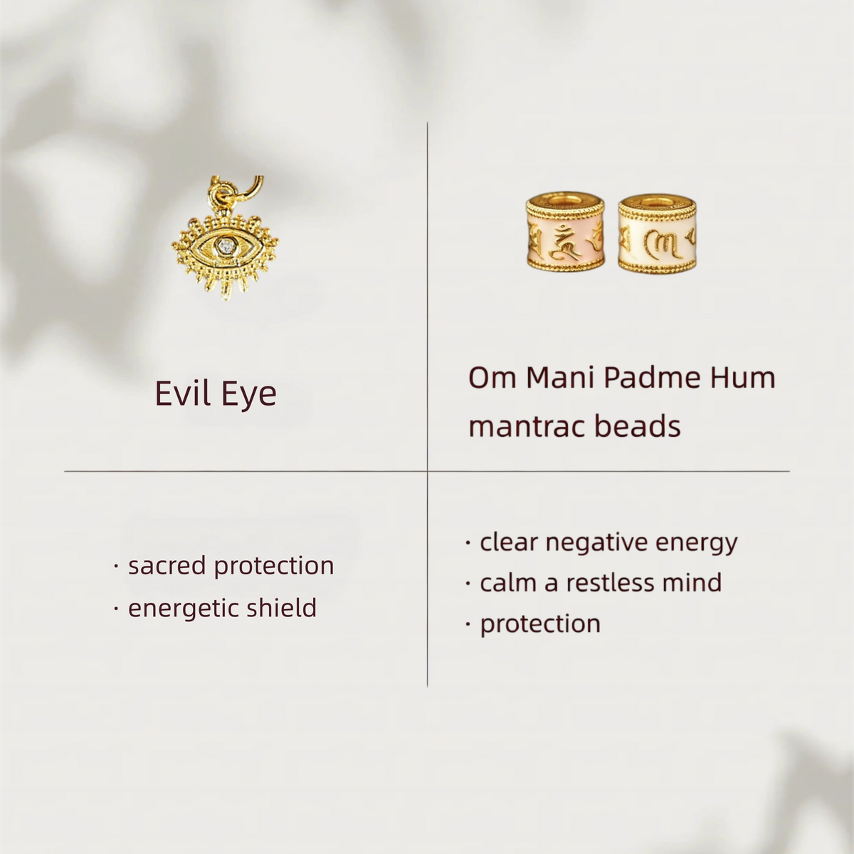 Evil eye and Om Mani Padme Hum mantrac bead and their benefits.