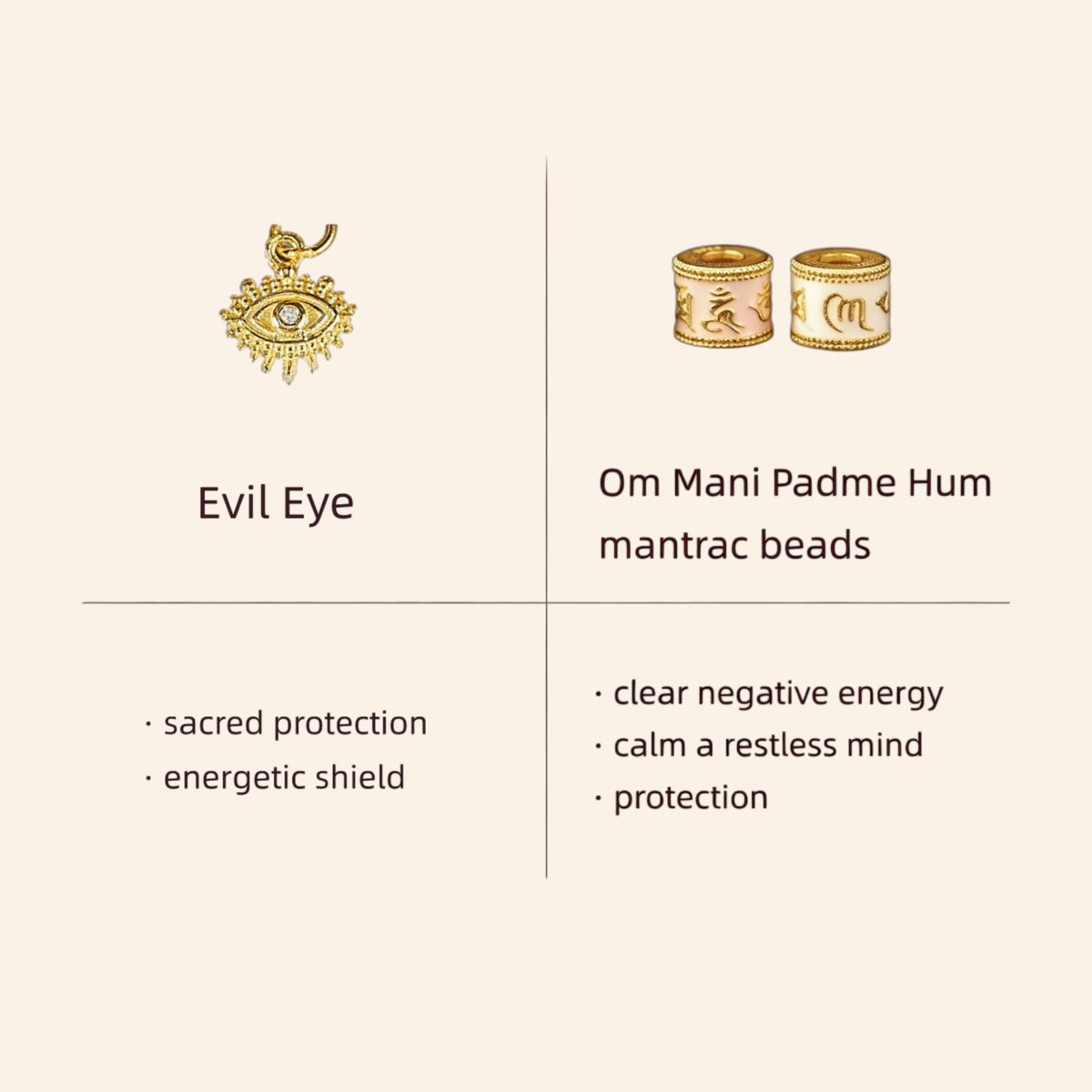 Evil eye and Om Mani Padme Hum mantrac beads and their benefits.