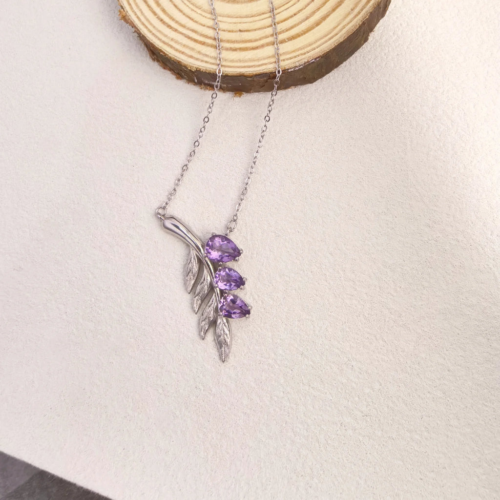 Lavender sprig teardrop amethyst silver branch pendant necklace, elegant gemstone jewelry for woman