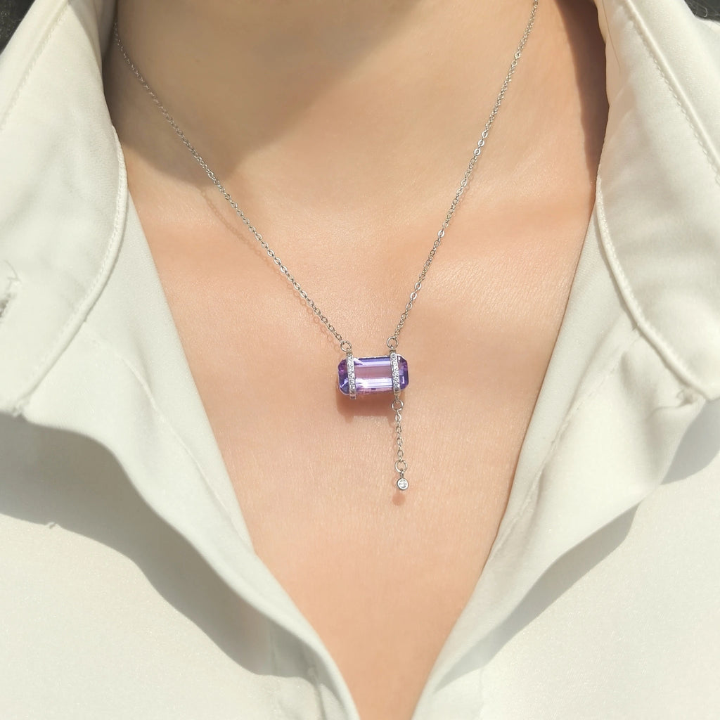 Female model wearing Violet Reverie Amethyst Necklace， spiritual gift for her
