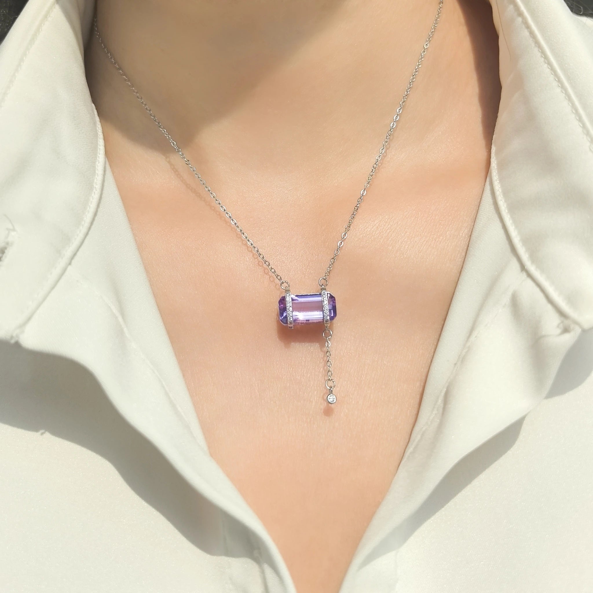 Female model wearing Violet Reverie Amethyst Necklace， spiritual gift for her